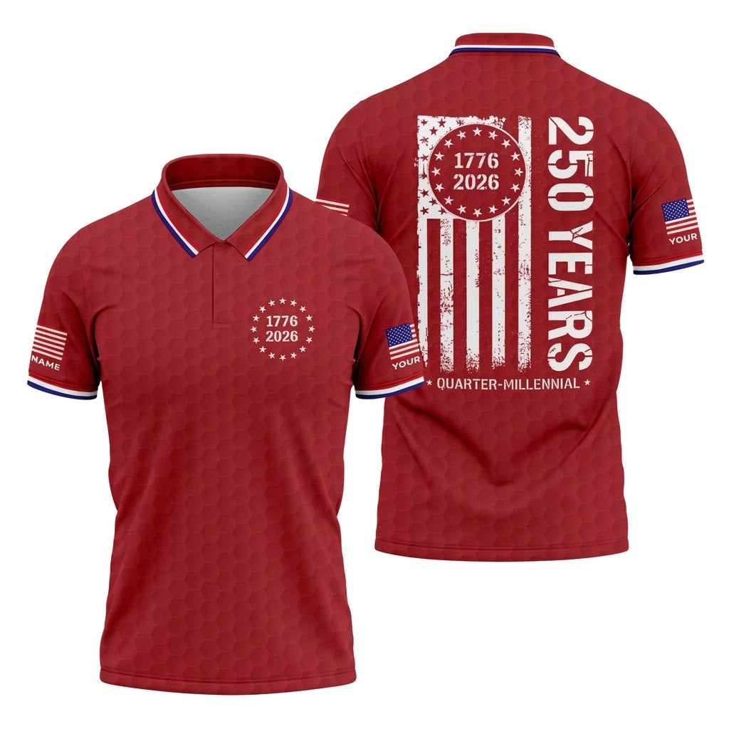250 Years Quarter Millennnial Golf Ball Pattern Red Patriotic Golf Shirt, 4th Of July Golf Shirts For Men