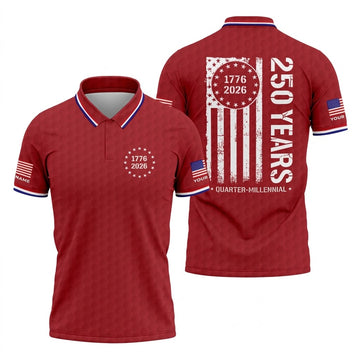 250 Years Quarter Millennnial Golf Ball Pattern Red Patriotic Golf Shirt, 4th Of July Golf Shirts For Men