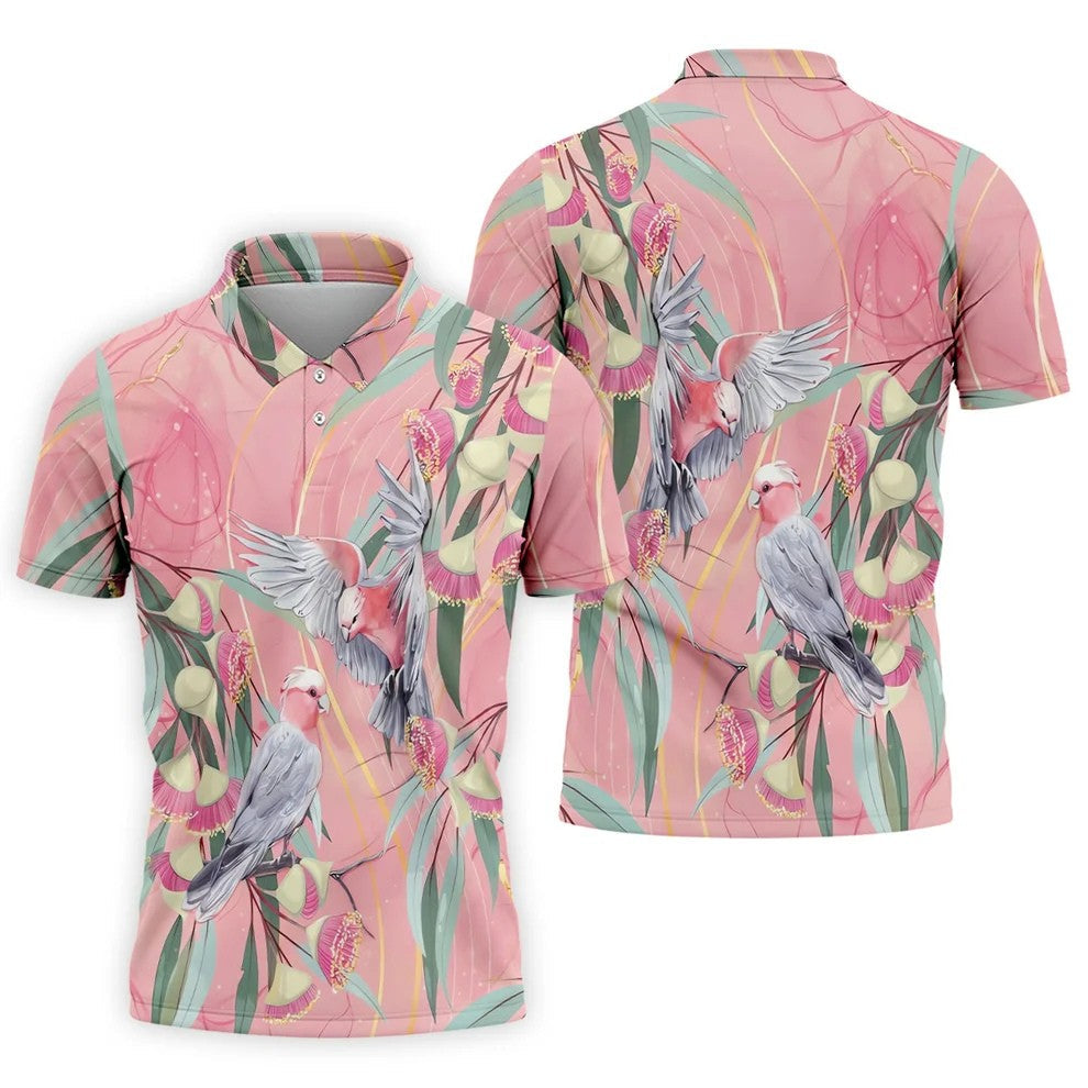 Pink Cockatoo Eucalyptus Floral Polo Shirt, Hawaiian Golf Shirt, Golf Shirts For Men