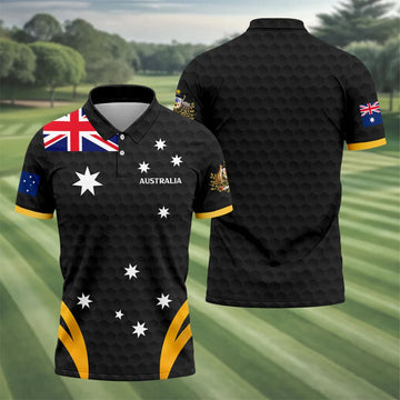 Australia Flag Print Golf Ball Pattern Black Golf Shirt, Australian Symbol Polo Shirts For Men