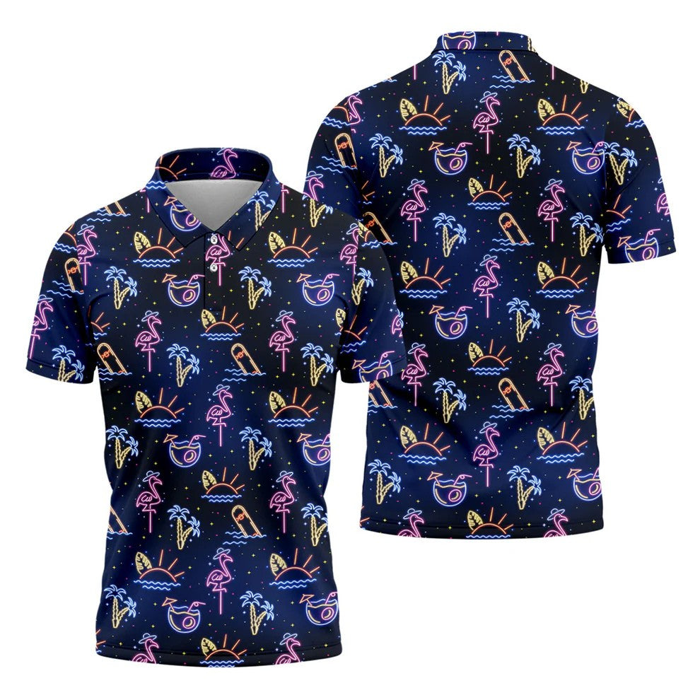 Neon Tropical Flamingo Sunset Cocktail Night Golf Polo, Hawaiian Golf Shirt, Polo Shirts For Men