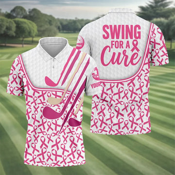 Custom Pink Ribbon Golf Club Breast Cancer Polo Shirt, Mens Golf Polo, Printed Golf Shirts