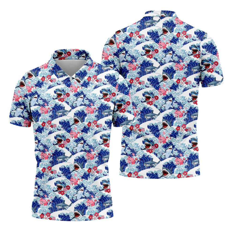 Japanese Shark Wave Sakura Golf Shirt, Mens Golf Polo, Printed Golf Shirts, Golf Apparel For Men