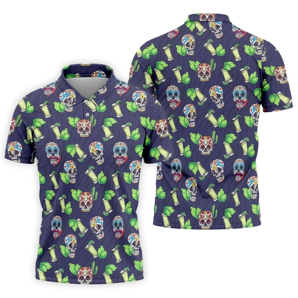 Day Of The Dead Sugar Skull Cactus Polo Shirt, Mens Golf Polo, Hawaiian Golf Shirt