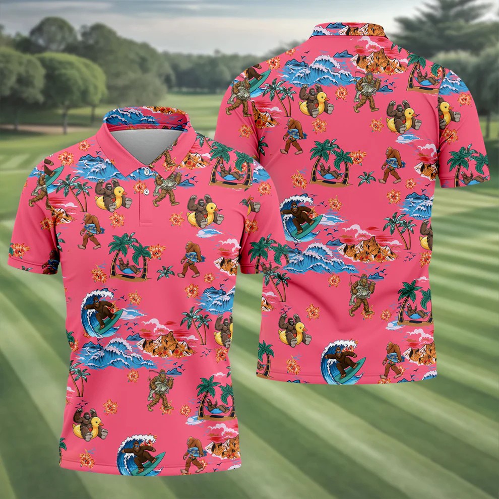 Pink Tropical Bigfoot Hawaiian Golf Polo Shirt, Men's Golf Shirt, Golf Polo Shirts For Men