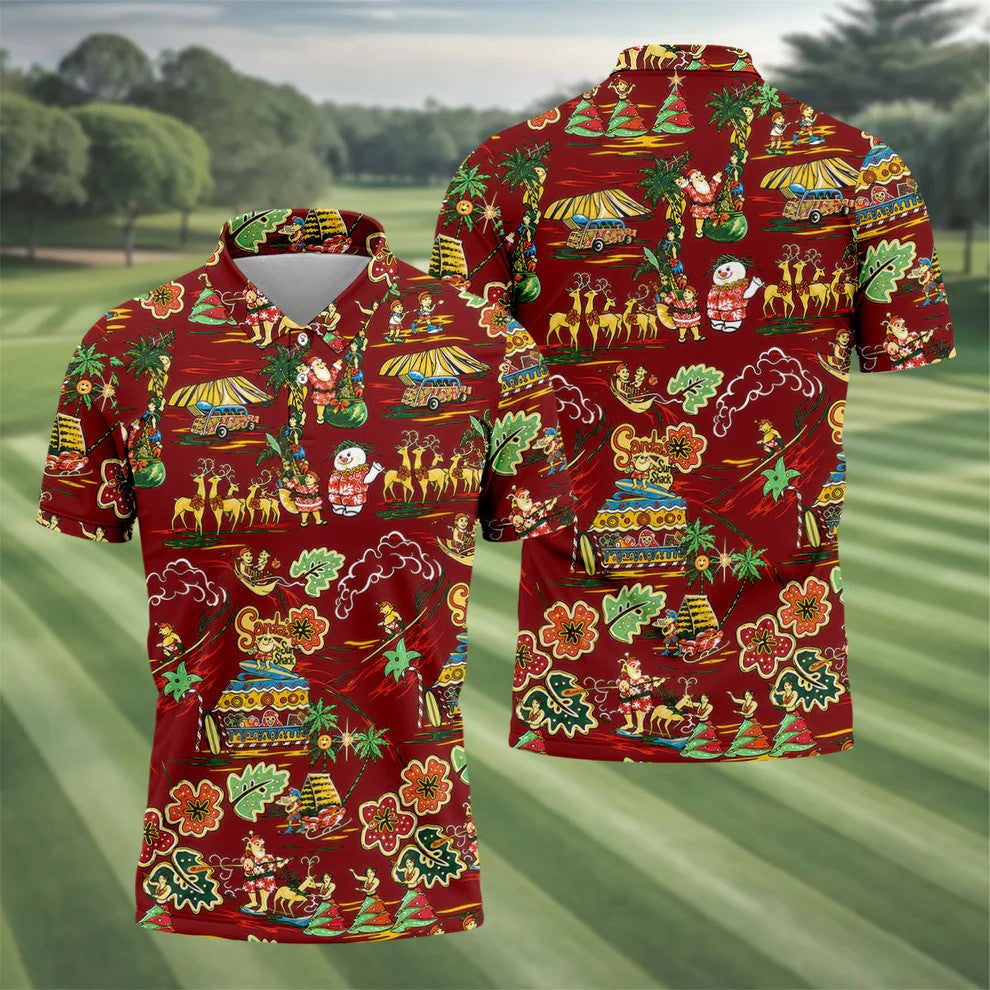 Men's Tropical Santa Surf Shack Golf Shirt, Christmas Golf Shirt, Golf Apparel For Men