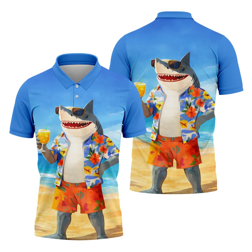 Funny Shark On Tropical Beach Vacation Golf Polo Shirt, Golf Shirts For Men, Hawaiian Golf Shirt