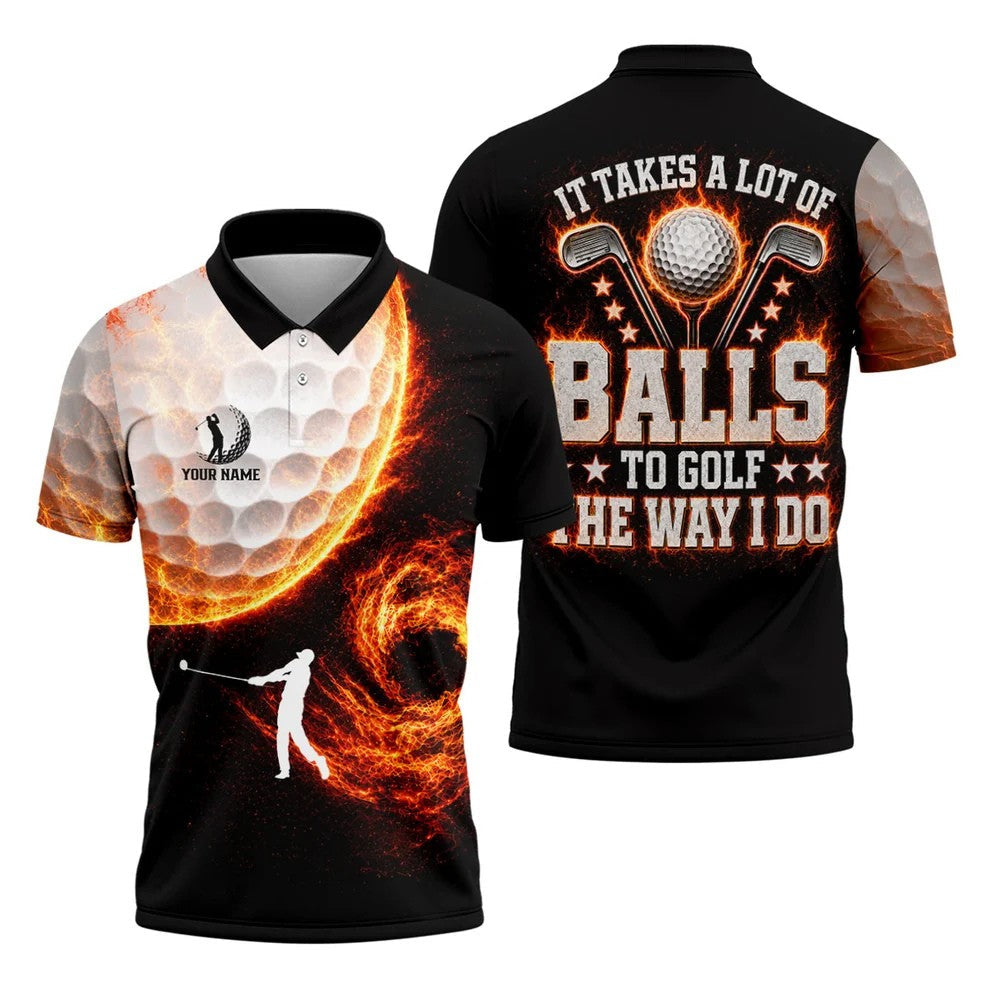 Custom Your Name Fire Golf Ball Polo Shirt, Golf Polo Shirts For Men, Mens Golf Apparel
