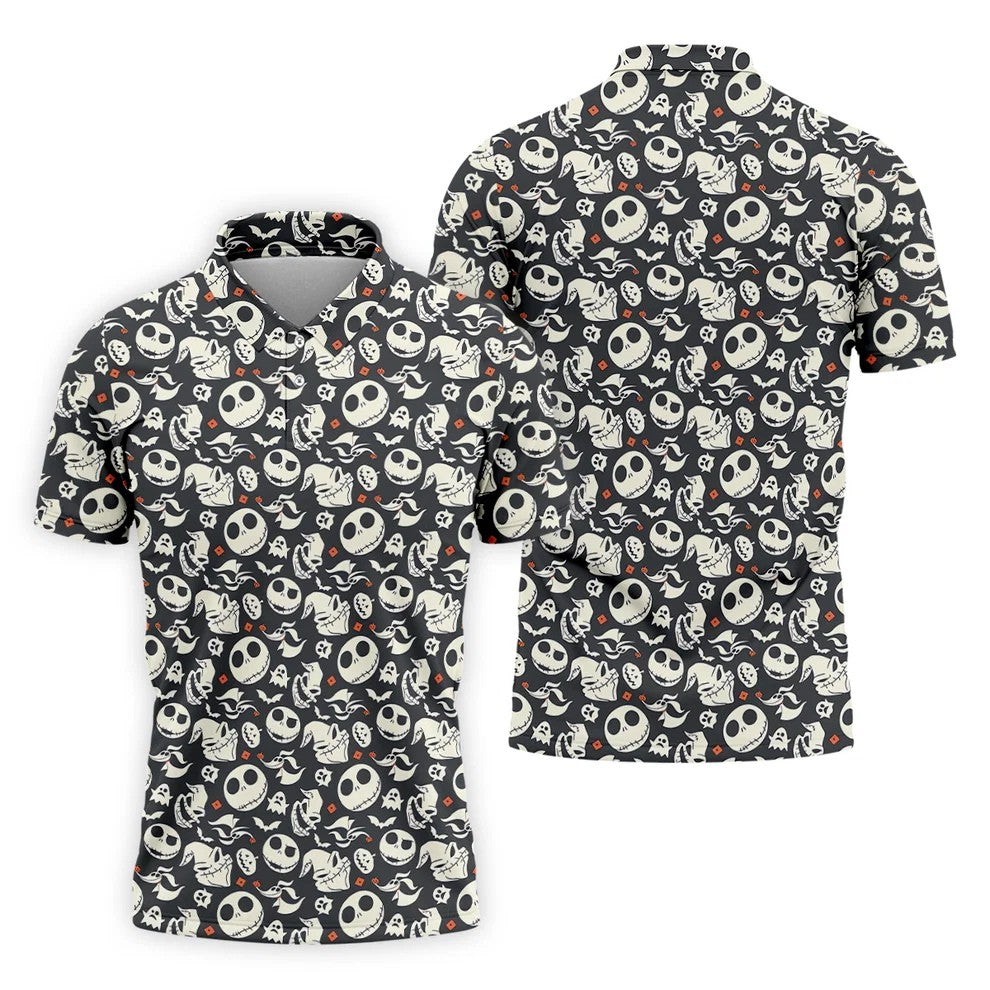 Nightmare Skull Golf Tops For Men, Horror Pattern Polo ShirtFor Men, Halloween Golf Shirt