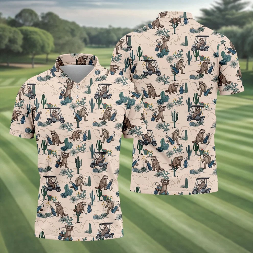 Funny Raccoon Desert Golf Pattern Polo Shirt, Mens Golf Polo, Printed Golf Shirts