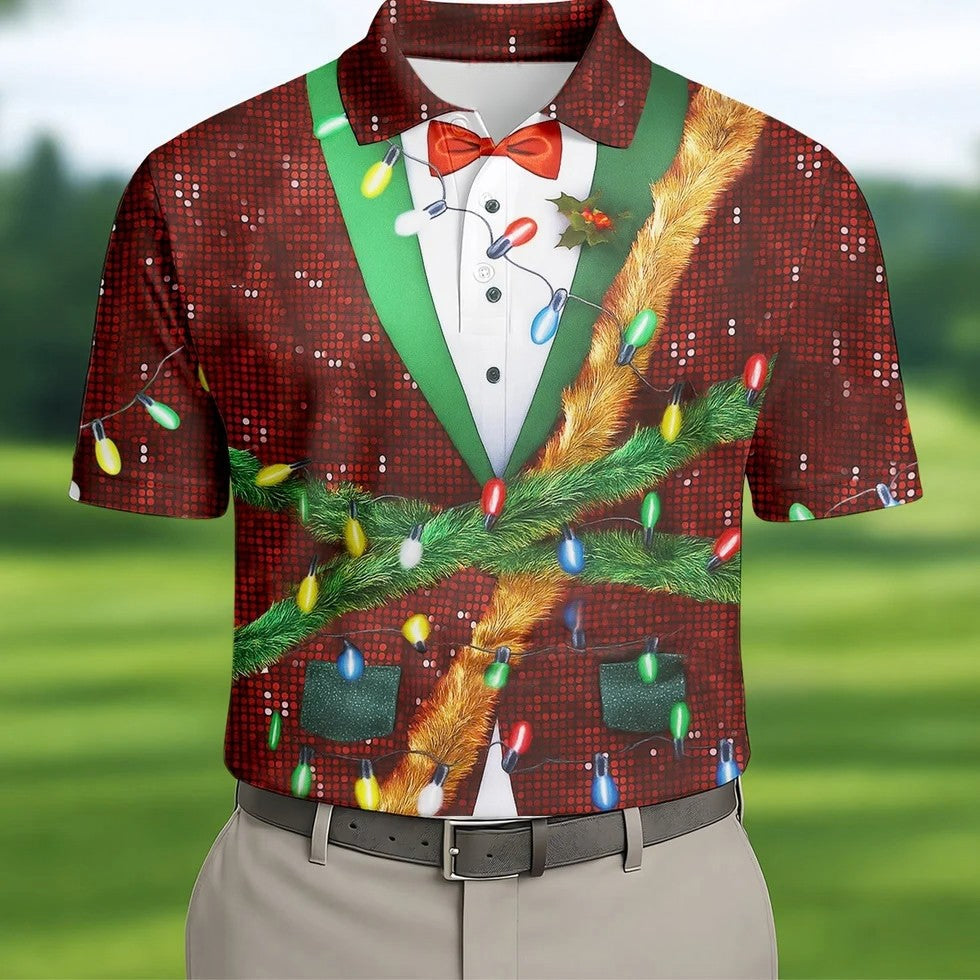 Christmas Lights Disco Ball Pattern Men's Golf Polo Shirts, Christmas Golf Shirt, Golf Gift For Men