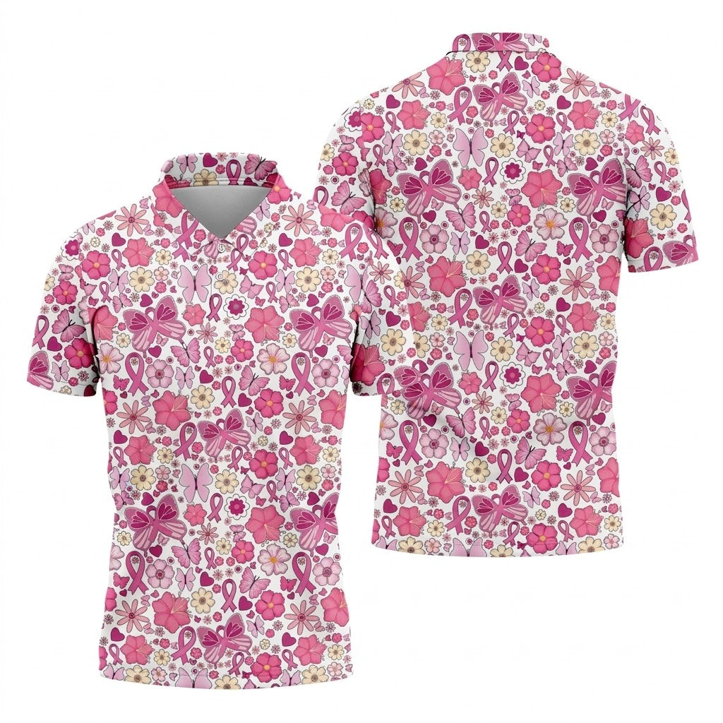 Breast Cancer Pink Ribbon Floral Golf Shirt, Cancer Awareness Shirt, Polo ShirtFor Men, Golfing Apparel