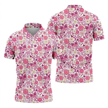 Breast Cancer Pink Ribbon Floral Golf Shirt, Cancer Awareness Shirt, Polo ShirtFor Men, Golfing Apparel