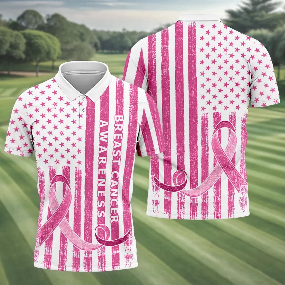 American Flag Breast Cancer Ribbon Polo Shirt, Mens Golf Polo, Printed Golf Shirts