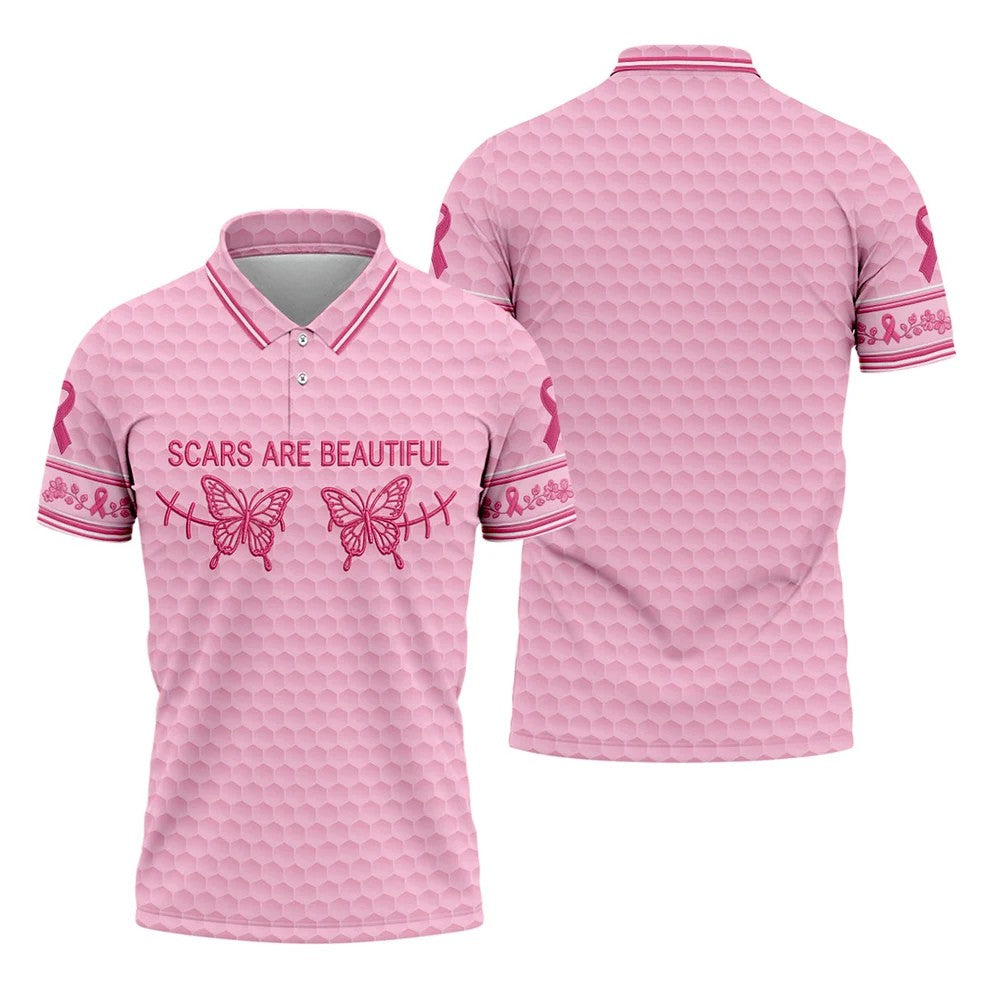 Scars Are Beautiful Butterfly Breast Cancer Golf Polo Shirt, Men's Golf Shirt, Polo Shirts For Men