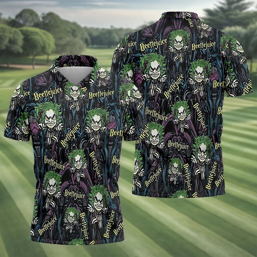 Halloween Horror Character Cartoon Hawaiian Golf Shirt, Men's Golf Shirt, Printed Golf Polo Shirt
