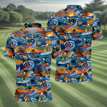 Retro Horror Character Villains Surfing Sunset Waves Golf Polo Shirt, Mens Golf Polo, Printed Golf Shirts