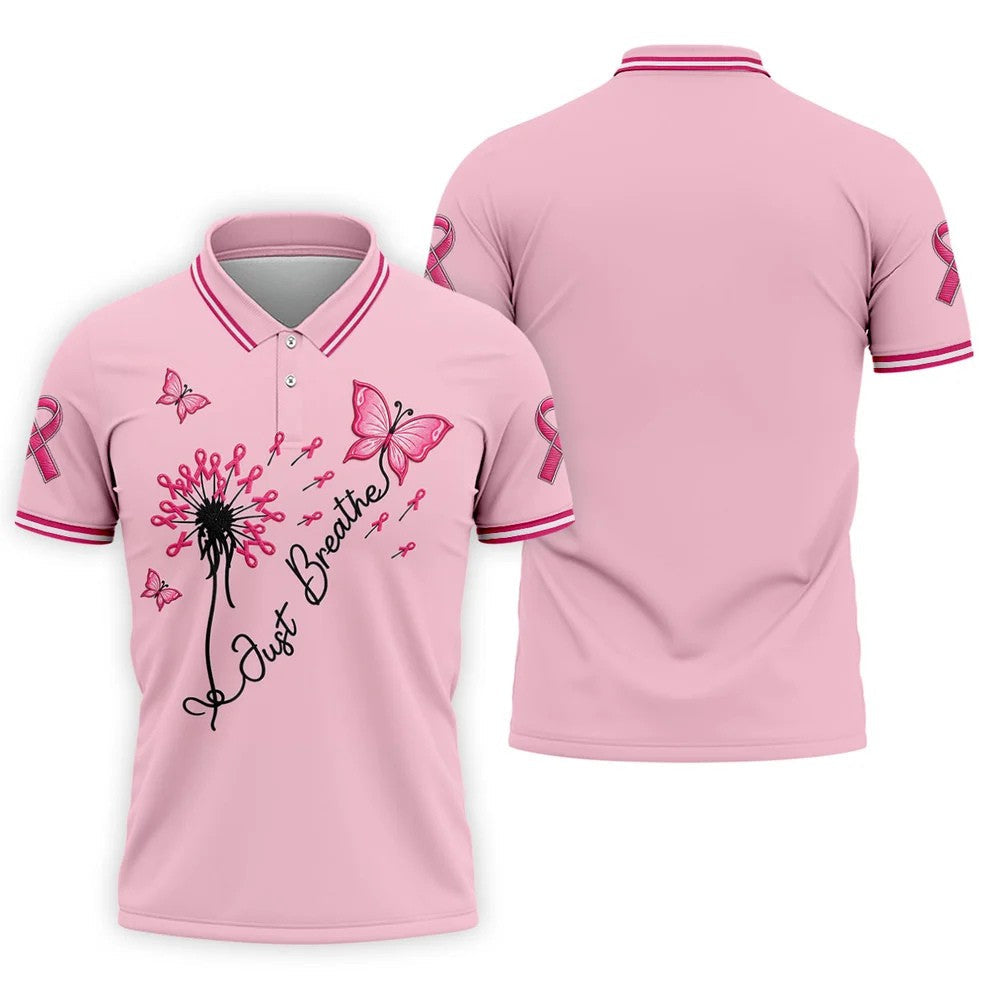 Just Breathe Butterfly Pink Ribbon Breast Cancer Polo Shirt, Polo Shirts For Men