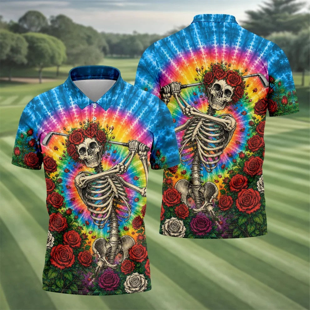 Rose Tie Dye Skeleton Golfer Halloween Polo Shirt, Mens Golf Shirts, Printed Golf Shirts