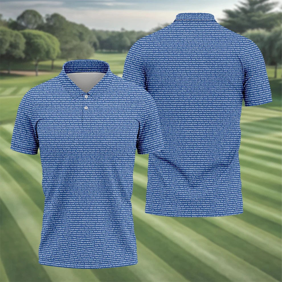 Blue Text Pattern Golf Polo Shirt, Golf Polo Shirts For Men, Mens Golf Apparel