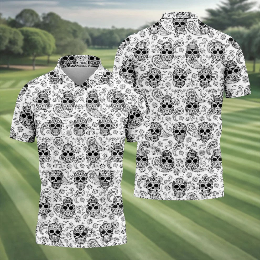 Sugar Skull Paisley Pattern Golf Polo Shirt, Hawaiian Golf Shirt, Golf Polo Shirts For Men
