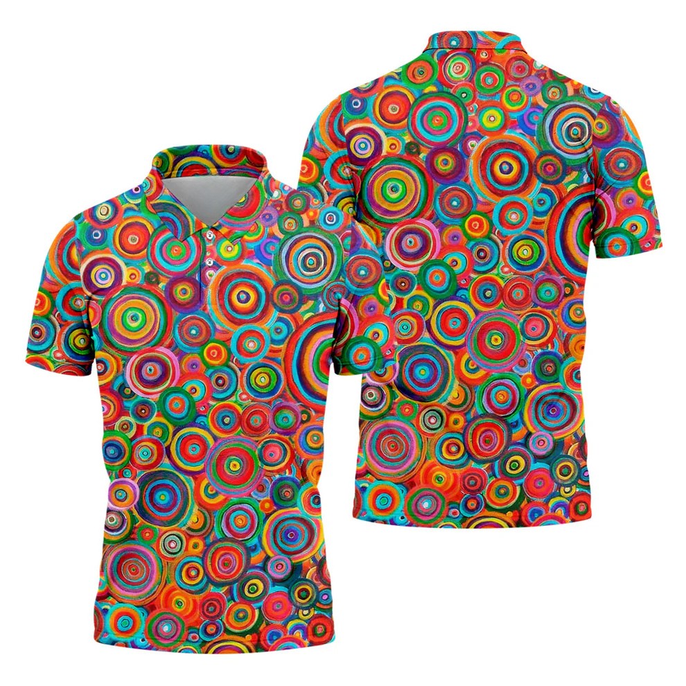 Colorful Abstract Circle Pattern Polo Shirt, Printed Golf Shirts, Hawaiian Golf Shirt, Mens Polo Shirts