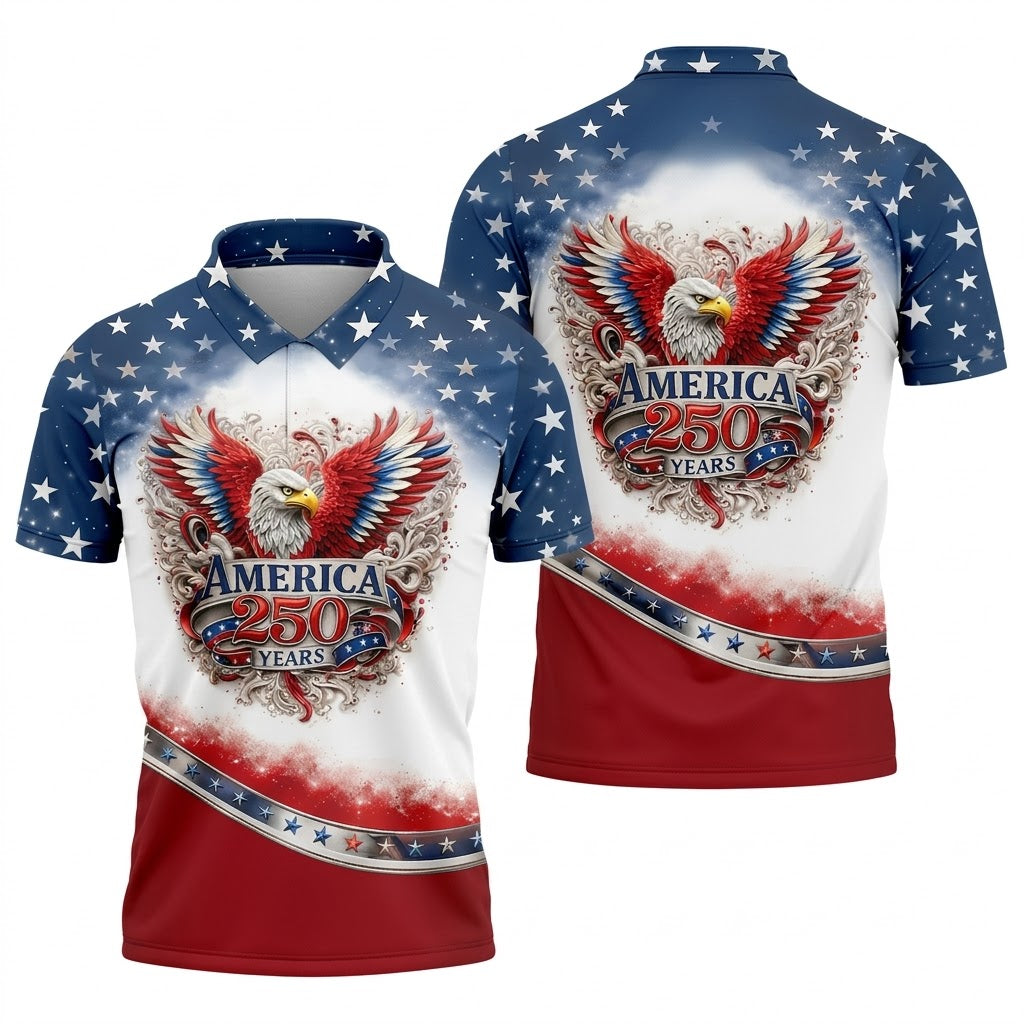 Bald Eagle Red White Blue Patriotic Stars 4th Of July Golf Shirt, 250 Years Golf Shirts For Men