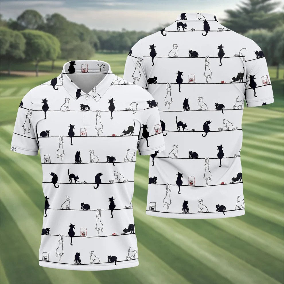 Cute Black and White Cats Pattern Golf Shirt, Men's Golf Shirt, Golf Polo Shirts For Men