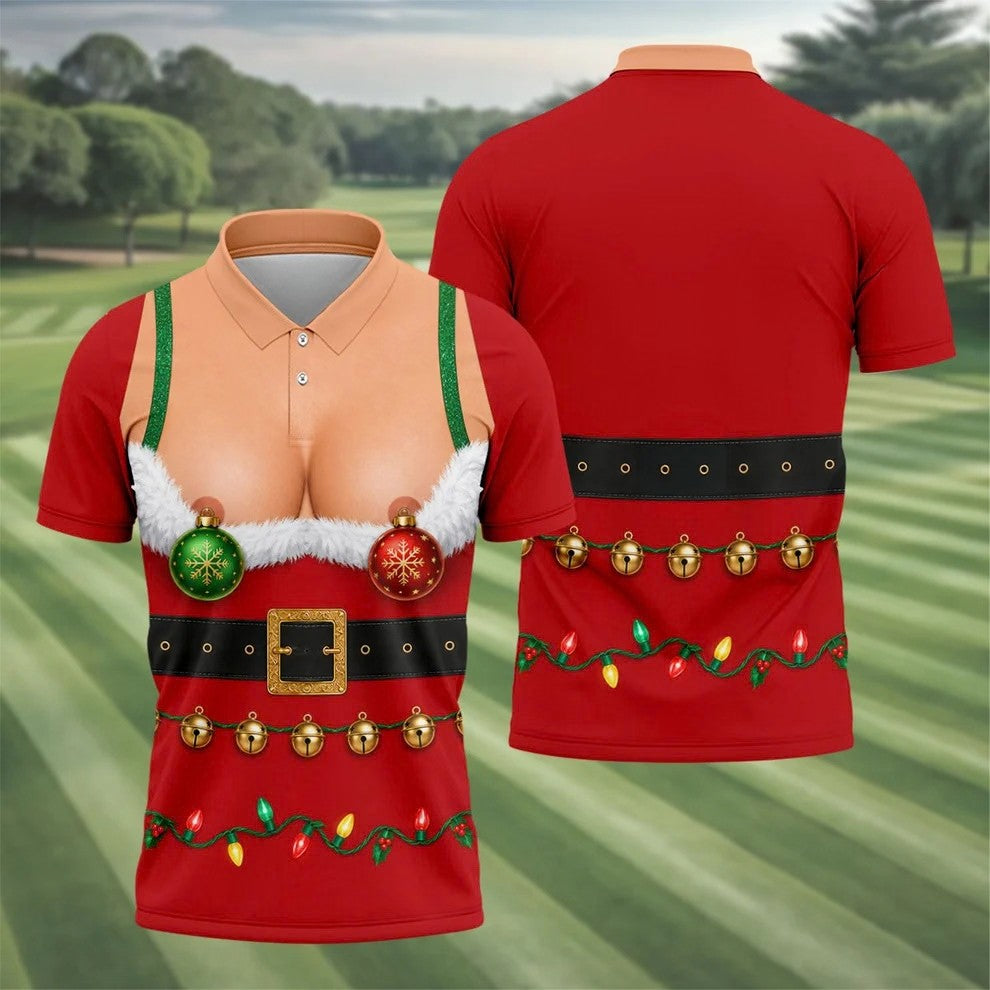 Funny Christmas Ornament Bra Golf Polo Shirt, Christmas Golf Shirt, Mens Golf Shirts