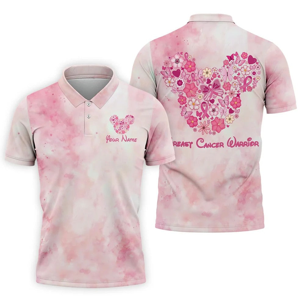 Custom Floral Heart Breast Cancer Polo Shirt, Golf Shirts For Men, Mens Golf Apparel