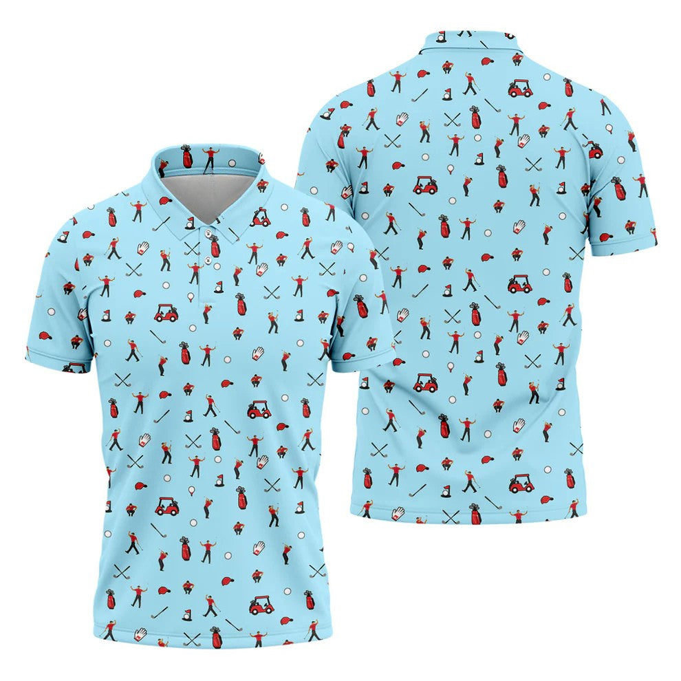 Blue Golf Player Pattern Polo Shirt, Golf Polo Shirts For Men, Printed Golf Shirts