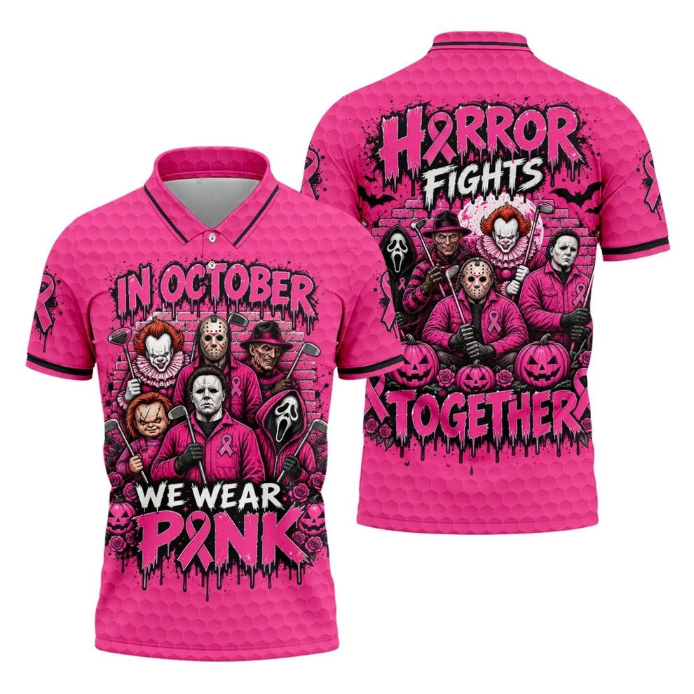 Horror Fights Together Pink Ribbon Polo Shirt, Golf Shirts For Men, Polo Shirts For Men