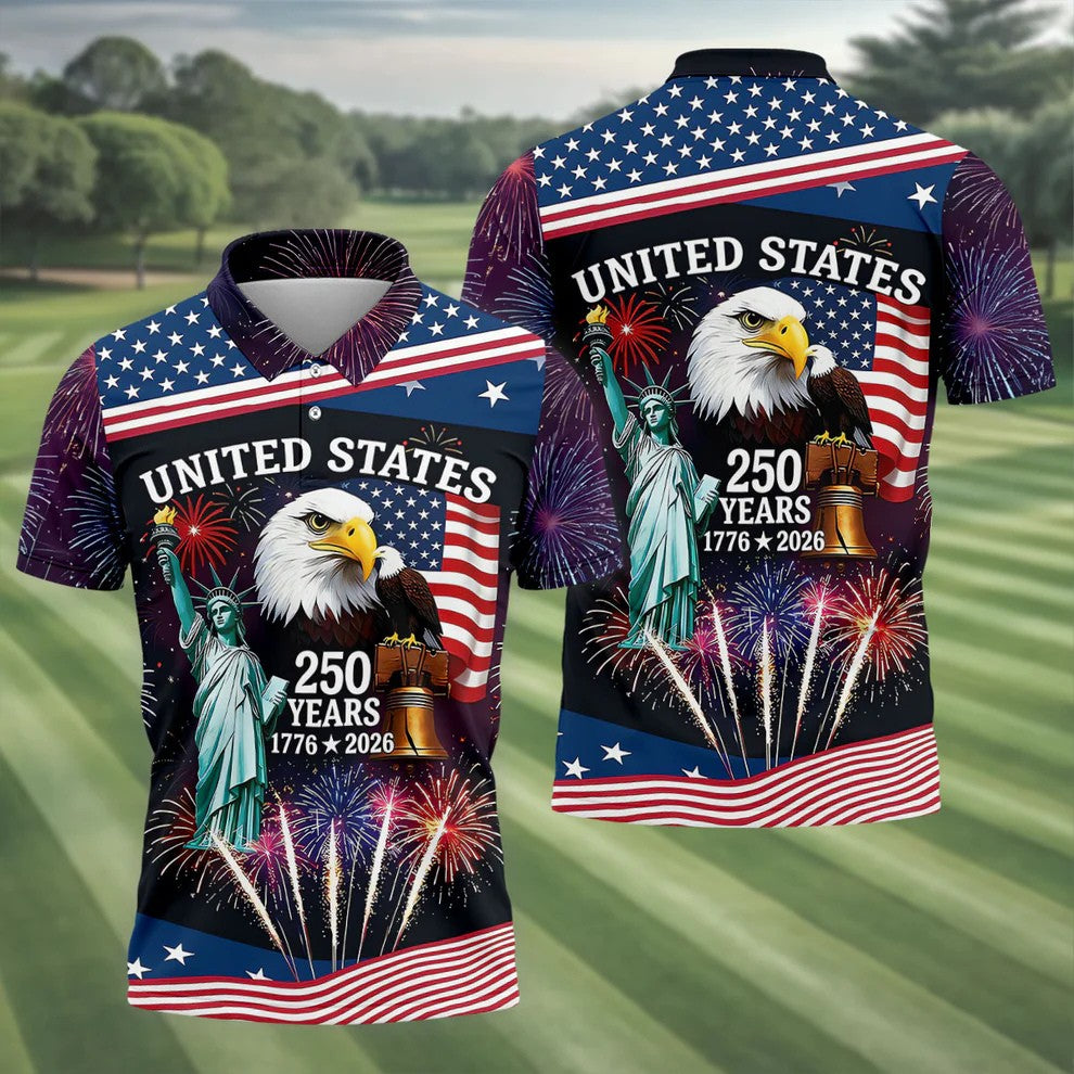 250 Years American Symbols US Flag Golf Shirt, Patriotic 4th Of July Golf Shirts For Men