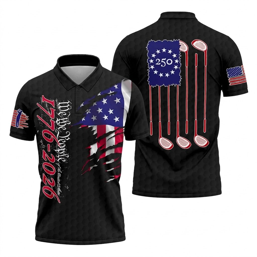We The People Distressed American Flag Black Golf Shirt, 4th Of July Golf Shirts For Men