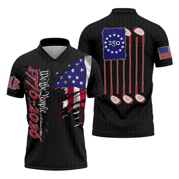We The People Distressed American Flag Black Golf Shirt, 4th Of July Golf Shirts For Men