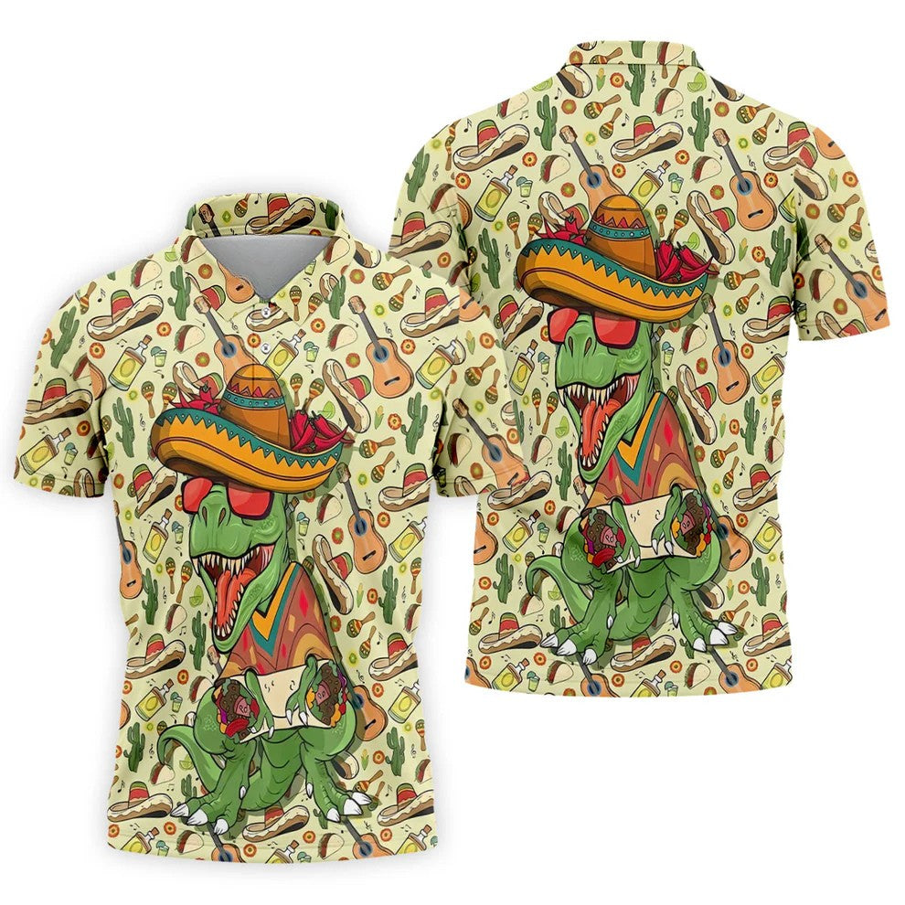Mexican T-Rex Cinco De Mayo Celebration Funny Golf Shirt, Vibrant Color Golf Shirts For Men