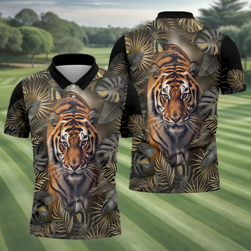 Majestic Tiger Tropical Golf Polo Shirt, Men's Golf Shirt, Golf Polo Shirts For Men