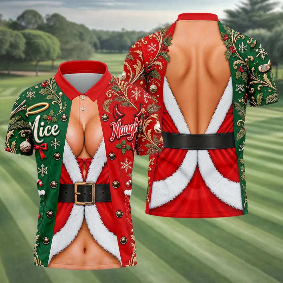 Nice Naughty Busty Santa Christmas Golf Shirt, Golf Polo For Men, Golf Gifts For Men
