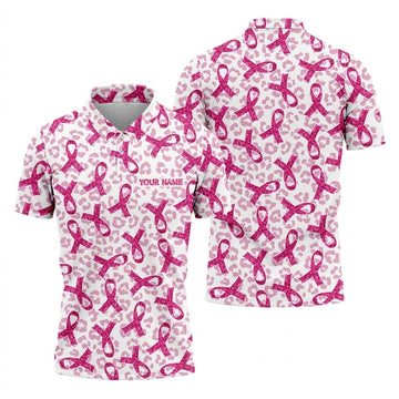 Breast Cancer Pink Ribbon Leopard Pattern Golf Tops For Men, Cancer Awareness Shirt, Golf Shirts For Men