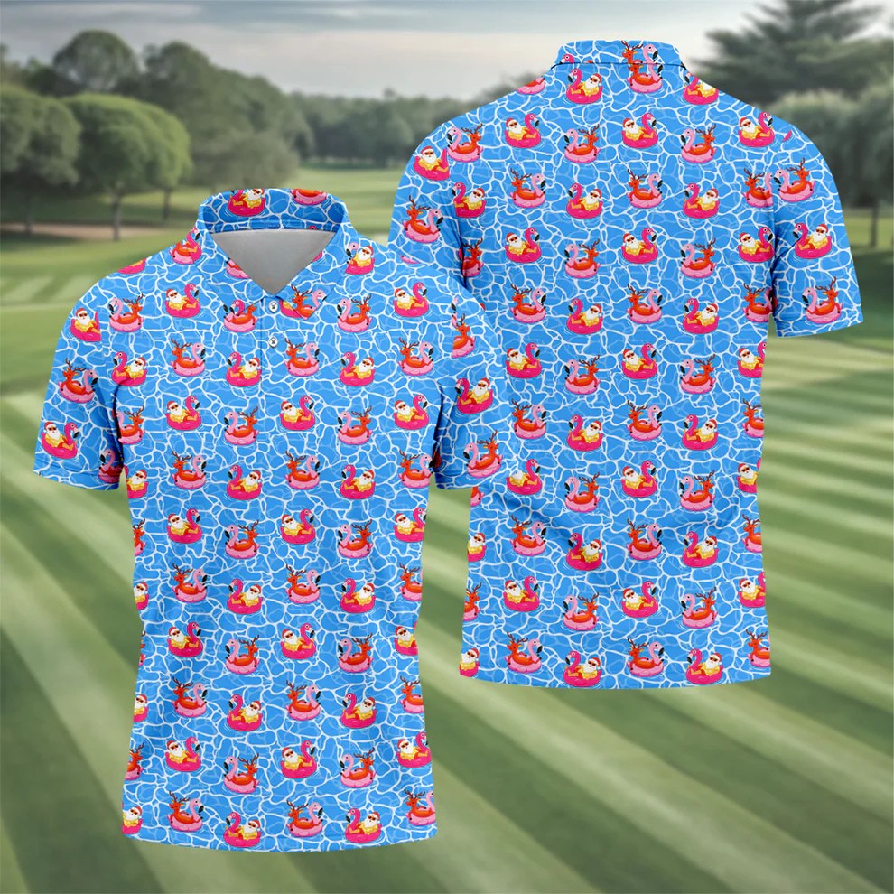 Santa Flamingo Pool Float Christmas Golf Shirt, Men's Golf Shirt, Hawaiian Golf Shirt, Printed Golf Shirts