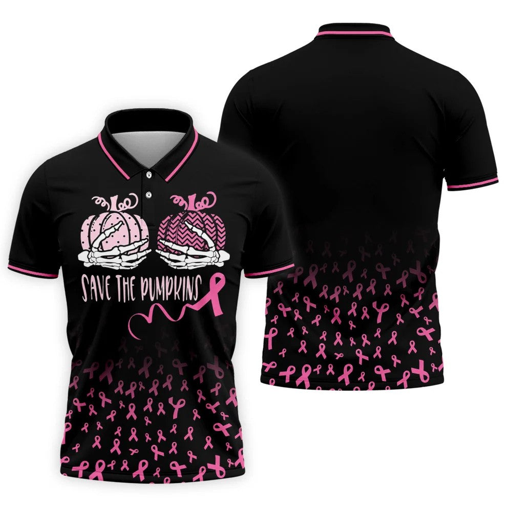 Save The Pumpkins Skeleton Breast Cancer Polo Shirt, Mens Golf Polo, Printed Golf Shirts
