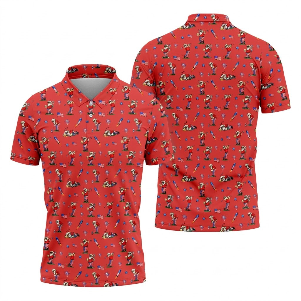 4th Of July Funny Man Golf And Beer Red Golf Shirt, Patriotic Golf Shirt, 250th Anniversary Golf Shirts For Men