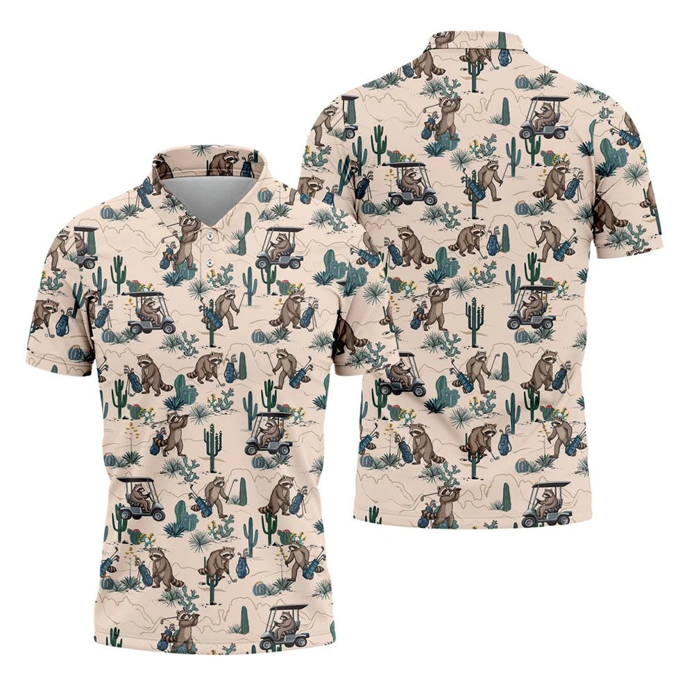 Funny Raccoon Desert Golf Pattern Polo Shirt, Mens Golf Polo, Printed Golf Shirts