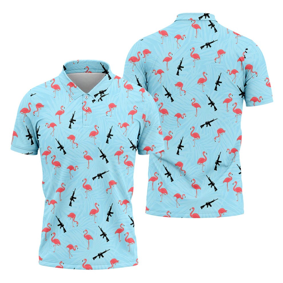 Light Blue Flamingo Pattern Golf Polo Shirt, Men's Golf Shirt, Golf Polo Shirts For Men