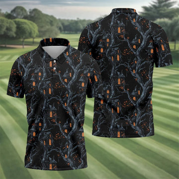 Haunted House Halloween Golf Tops For Men, Black Golf Polo ShirtGolfing Apparel, Polo For Men
