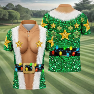 Green Santa Gold Stars Christmas Golf Polo Shirt, Mens Golf Shirts, Mens Polo Shirts