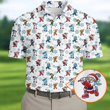 Christmas Characters Golf Pose Men's Funny Golf Shirts, Christmas Golf Shirt, Polo Shirts For Men