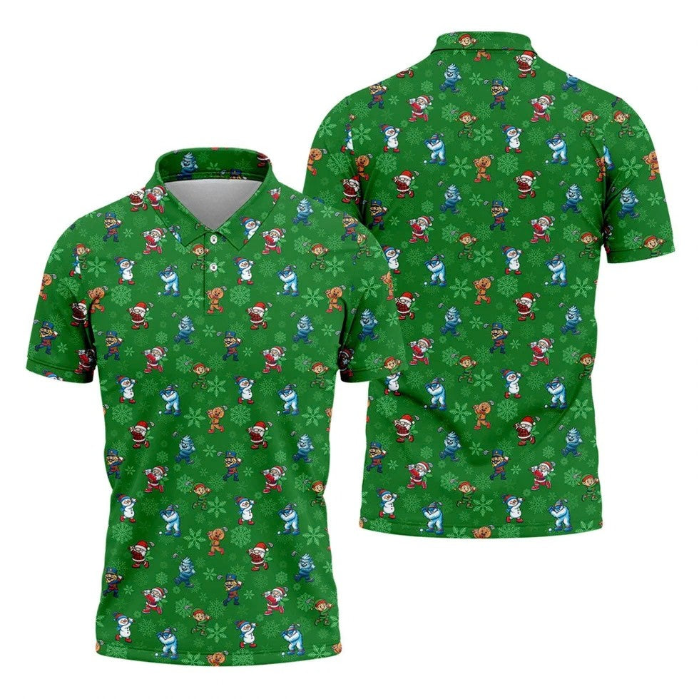 Funny Christmas Characters Golf Pose Green Golf Shirt, Christmas Golf Shirt, Polo Shirts For Men