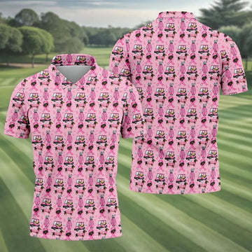 Cute Dog Golf Cart Breast Cancer Ribbon Polo Shirt, Men's Golf Shirt, Mens Golf Apparel