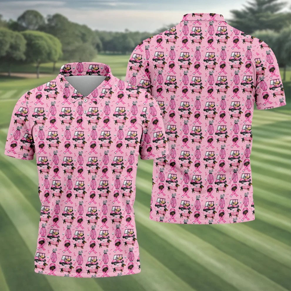Cute Dog Golf Cart Breast Cancer Ribbon Polo Shirt, Men's Golf Shirt, Mens Golf Apparel